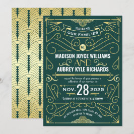 Art Deco Gatsby Bröllop Elegant Guld Mörk grönt Inbjudningar