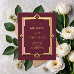Art Deco Gatsby burgundy guld födelsedagsinbjudan