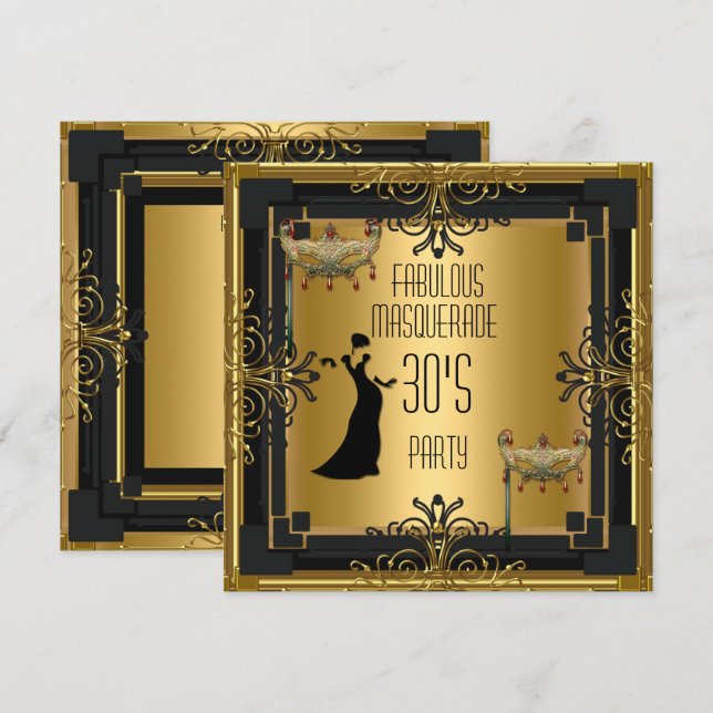 ART DECO Gatsby Fabulous Masquerad 30's Party Inbjudningar (Fram/baksida)