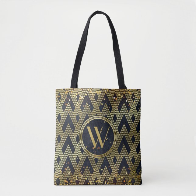 Art Deco Gatsby Glamor Geometric Mönster Monogram Tygkasse (Framsida)