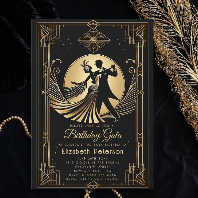 Art Deco Gatsby Roaring 20s Förbud mot födelsedag Inbjudningar (art deco 1920s gatsby roaring dance dancing couple gold black adult birthday party invitation)