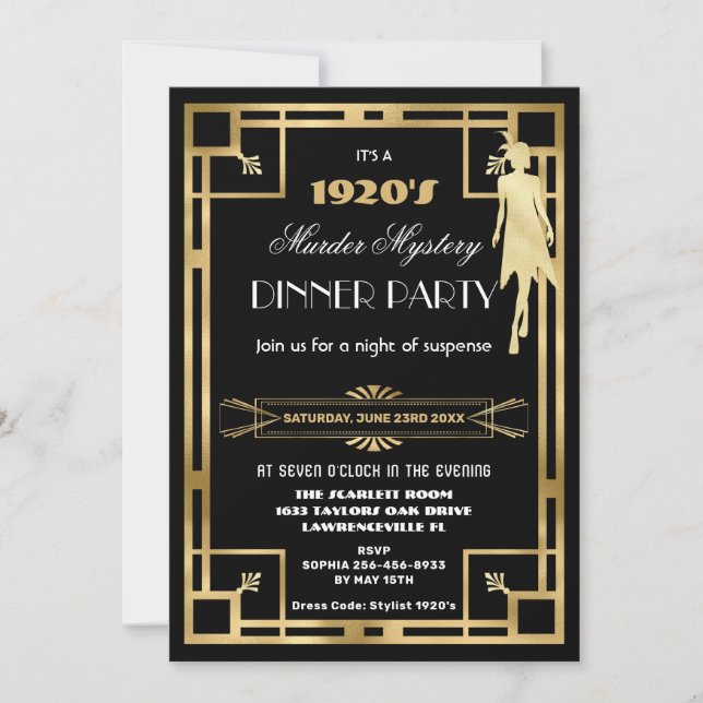 Art Deco Gatsby Rullande 20-tals Mördarmysteriesfe Inbjudningar (Framsida)