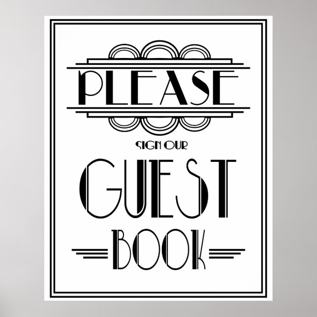 Art Deco Gatsby stil "Skriv under gästen bok" Poster (Framsidan)