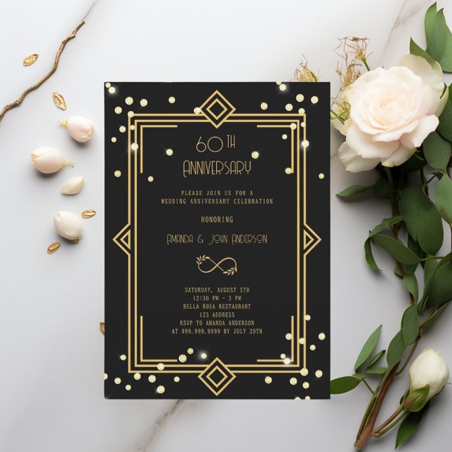 Art Deco Gatsby svart  60-års bröllopsjubileum Inbjudningar (Skapare uppladdad)