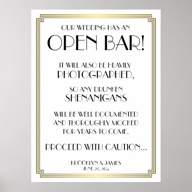 Art Deco Gatsby White and Guld Open Pub Sign 18x24 Poster (Framsidan)