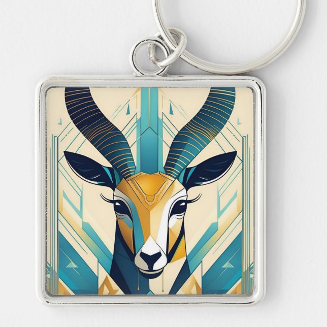 Art Deco Gazelle Keychain Fyrkantig Silverfärgad Nyckelring (Framsidan)