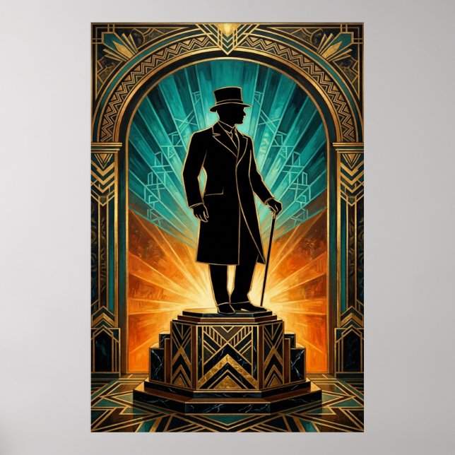 Art Deco Gentleman Silhouette Top Hat Cane Poster (Framsidan)