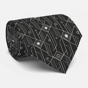 Art Deco-geometri Svart & Silver Lyxig Mönster Slips