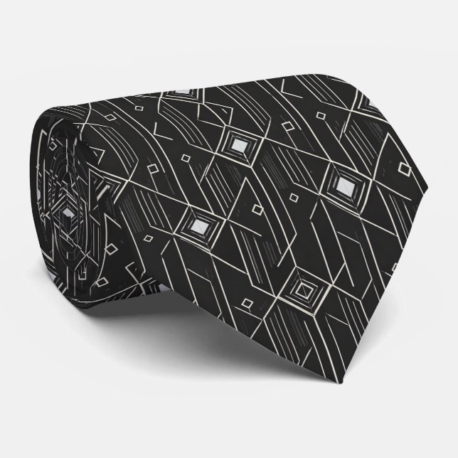 Art Deco-geometri Svart & Silver Lyxig Mönster Slips (Rullad)