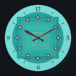 Art Deco Geometric, Aqua and Turquise Blue Stor Klocka<br><div class="desc">Klock i överlappande geometriskt mönster,  bestående av övertonat rand,  som sträcker sig från aqua till djup turkos/teal,  på en lätt akvatisk bakgrund,  med 3-d-utseende diagonalformade accenter vid timmarna</div>