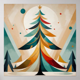 Art Deco Geometric Christmas Feathered Branches Poster