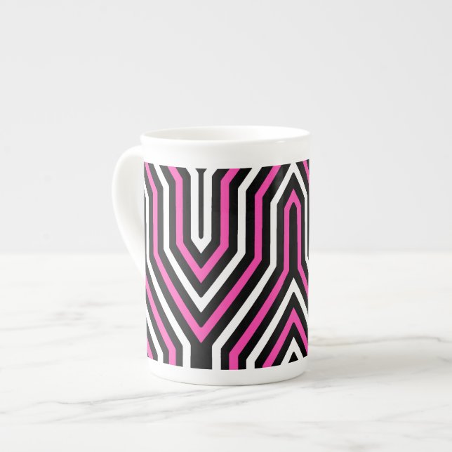 Art Deco Geometric - fuchsia rosa, svart och vitt Benporslin Mugg (Framsida vänster)