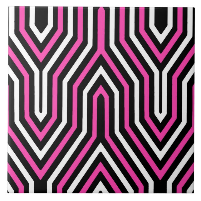 Art Deco Geometric - fuchsia rosa, svart och vitt Kakelplatta (Framsidan)