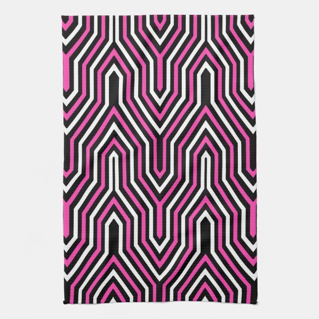 Art Deco Geometric - fuchsia rosa, svart och vitt Kökshandduk (Vertikal)