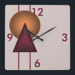 Art Deco Geometric Fyrkantig Klocka<br><div class="desc">10, 75-tums x 10, 75-tums akrylväggklocka med en Art Deco-bild av en glödande orange orb,  en glödande marontriangel och två maronar rand på mauve. Se hela samlingen för 20-talsklockor i DECOR | Facksektionen.</div>