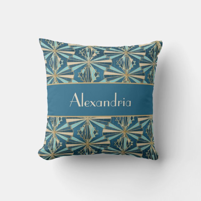 Art Deco Geometric Gold, Blue & Teal Luxury Glam Kudde (Framsida)