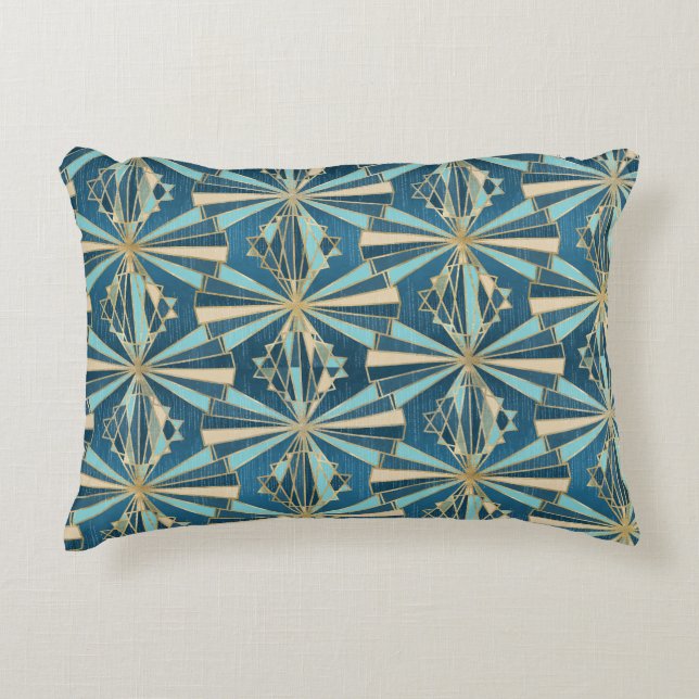 Art Deco Geometric Gold, Blue & Teal Luxury Glam Prydnadskudde (Framsidan)
