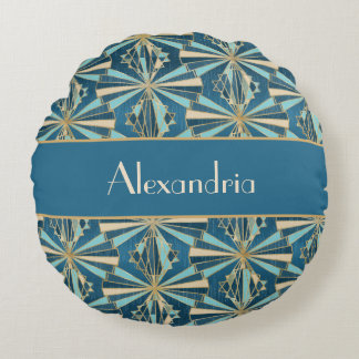 Art Deco Geometric Gold, Blue & Teal Luxury Glam Rund Kudde