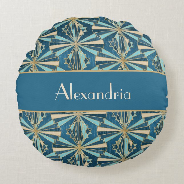Art Deco Geometric Gold, Blue & Teal Luxury Glam Rund Kudde (Framsidan)
