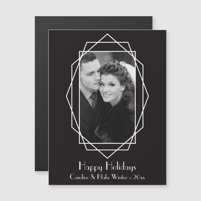 Art Deco Geometric Helgdag Photo Magnet Black (Fram/baksida)