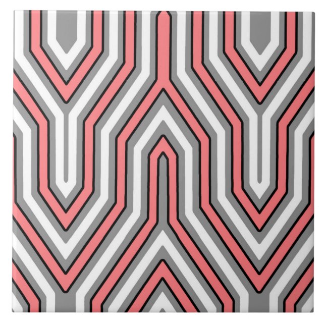 Art Deco Geometric - koral, grått och vitt Kakelplatta (Framsidan)