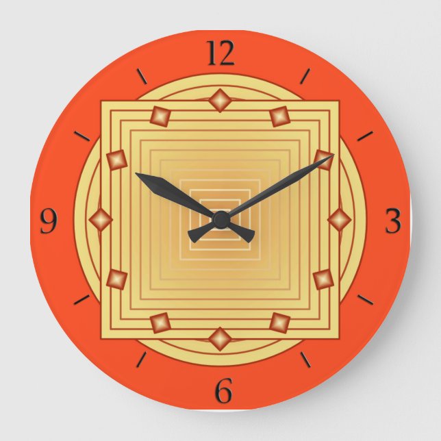 Art Deco Geometric, Mandarins Orange och Gult Stor Klocka (Framsida)