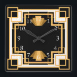 Art Deco Geometric Mönster Anpassningsbar Fyrkantig Klocka<br><div class="desc">Vintagen formaterade 1920-talets matematiska stil art deco-klocka i guld och svart med anpassningsbarnas bakgrund färg! Det är geometrisk design som tillför en liten nyans till det. Dekorera ett växande 2000-konsthavare eller modernt rum i mitten av århundradet!</div>