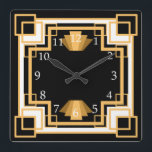 Art Deco Geometric Mönster Anpassningsbar Fyrkantig Klocka<br><div class="desc">Vintagen formaterade 1920-talets matematiska stil art deco-klocka i guld och svart med anpassningsbarnas bakgrund färg! Det är geometrisk design som tillför en liten nyans till det. Dekorera ett växande 2000-konsthavare eller modernt rum i mitten av århundradet!</div>