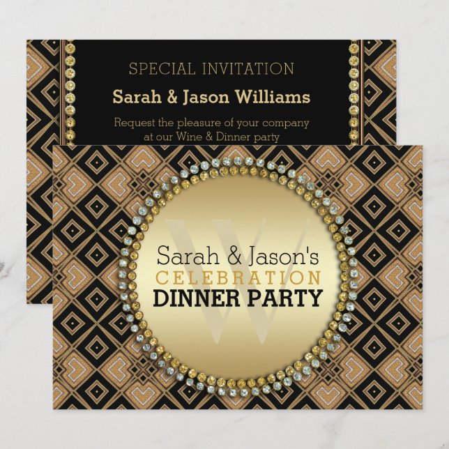 Art Deco Geometric Mönster Black Guld Dinner Party Inbjudningar (Fram/baksida)