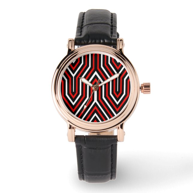 Art Deco Geometric - rött, svart och vitt Armbandsur (Framsida)