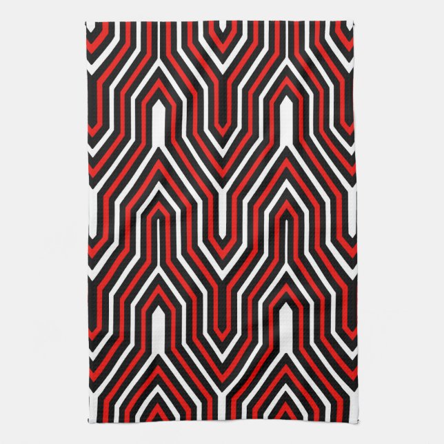 Art Deco Geometric - rött, svart och vitt Kökshandduk (Vertikal)