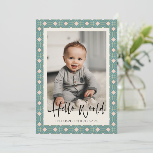 Art Deco Geometric Teal and Rosa Baby Photo Birth Meddelande (Stående Fram)