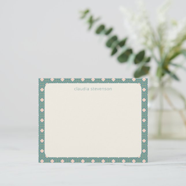Art Deco Geometric Teal and Rosa Personlig Namn Anteckningskort (Stående Fram)