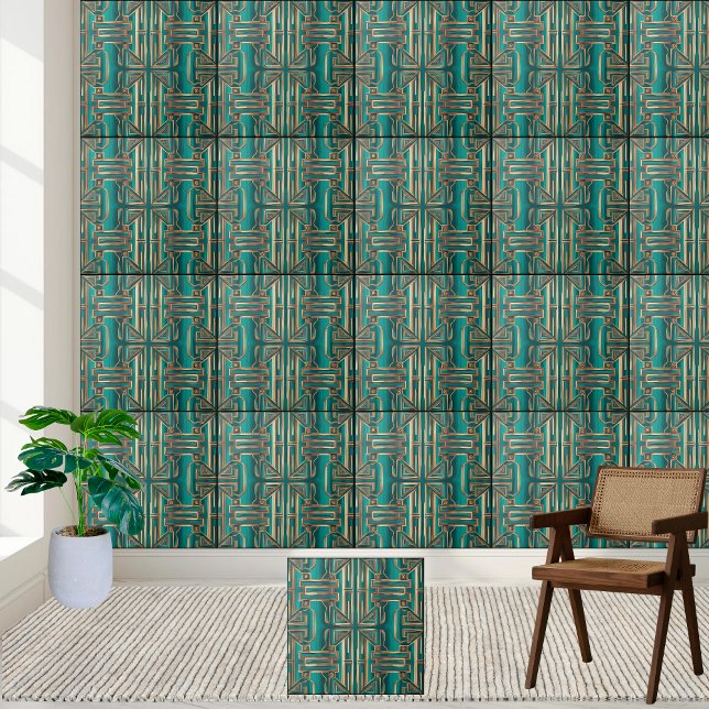 Art Deco Geometric Tile i Teal och Guld Kakelplatta (Art Deco Geometric Tile in Teal and Gold)