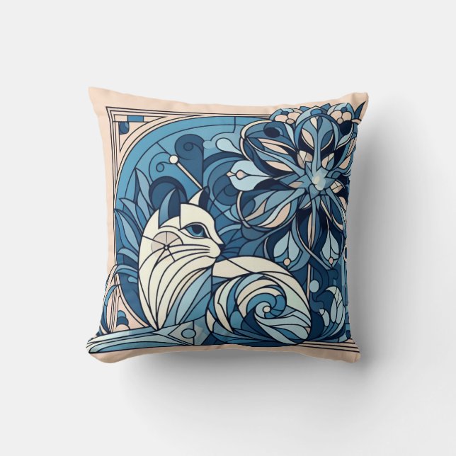 Art deco geometrisk blå katt. kudde (Framsida)