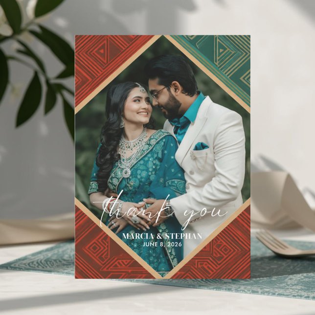 Art Deco Geometrisk Diamant Ram Tacksamhetskort Tack Kort (Elegant Geometric Wedding Photo Thank You Card)