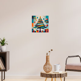 Art Deco Geometrisk Glädjefull Julgran med Present Poster