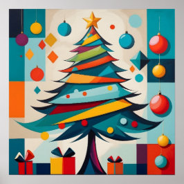 Art Deco Geometrisk Glädjefull Julgran med Present Poster