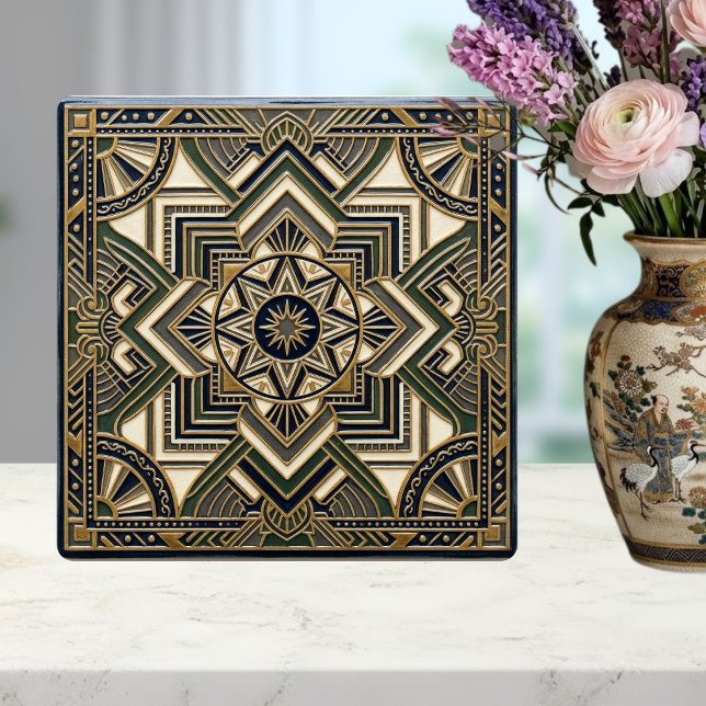 Art Deco Geometrisk Guld Grön Blå Keramisk Kakelpl Kakelplatta (Skapare uppladdad)