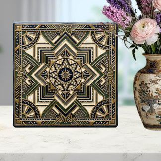 Art Deco Geometrisk Guld Grön Blå Keramisk Platta Kakelplatta