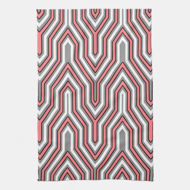 Art Deco Geometrisk - korall, grå och vit Kökshandduk (Vertikal)