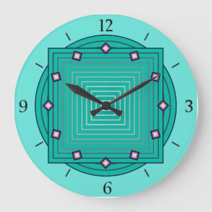 Art déco geometriska, aqua- och turkosblått stor klocka