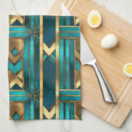 Art Deco Geometriska Pilar, Guld och Turkos Kökshandduk