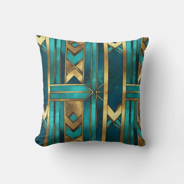 Art Deco Geometriska Pilar, Guld och Turkos Kudde (Framsida)