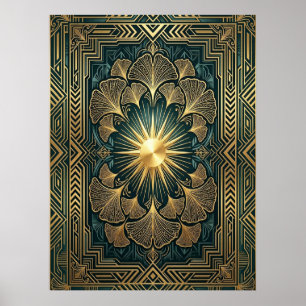 Art Deco Ginkgo Leaf Sunburst Affisch Guld Teal