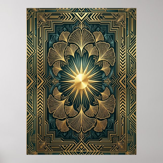 Art Deco Ginkgo Leaf Sunburst Affisch | Guld Teal (Framsidan)