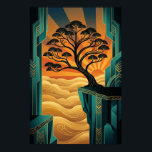 Art Deco Ginkgo Träd Ocean Cliff Guld Teal Affisch<br><div class="desc">Förhöj din heminredning med denna hisnande Art Deco-landskap med en majestätisk silhuett av ett ginkgoträd. Uppflugen på en dramatisk teal-färgad klippa med utsikt över ett gyllene, virvlande hav av dimma och vågor, är detta konstverk upplyst av en levande solnedgång. Kompositionen blandar naturlig frid med 1920-talets geometriska precision och en rik...</div>
