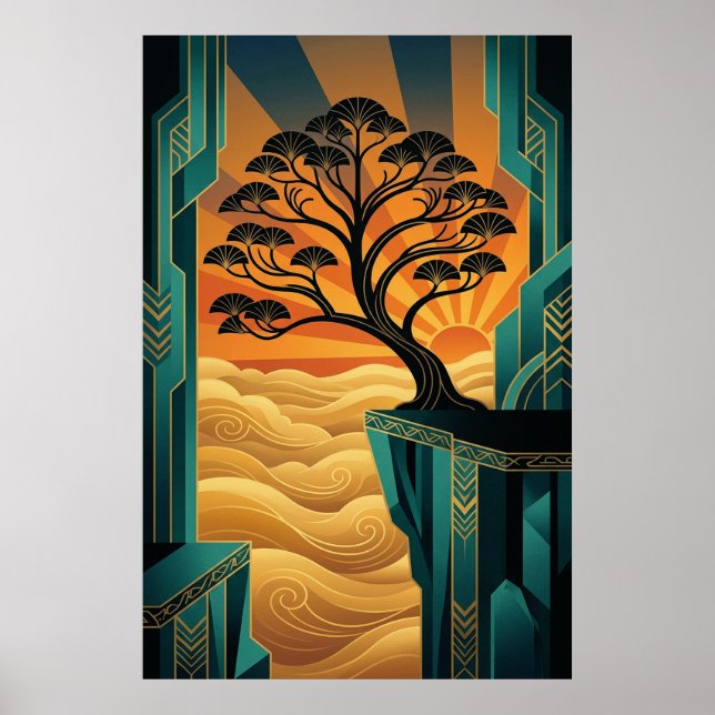 Art Deco Ginkgo Tree Ocean Cliff Gold Teal Poster (Framsidan)