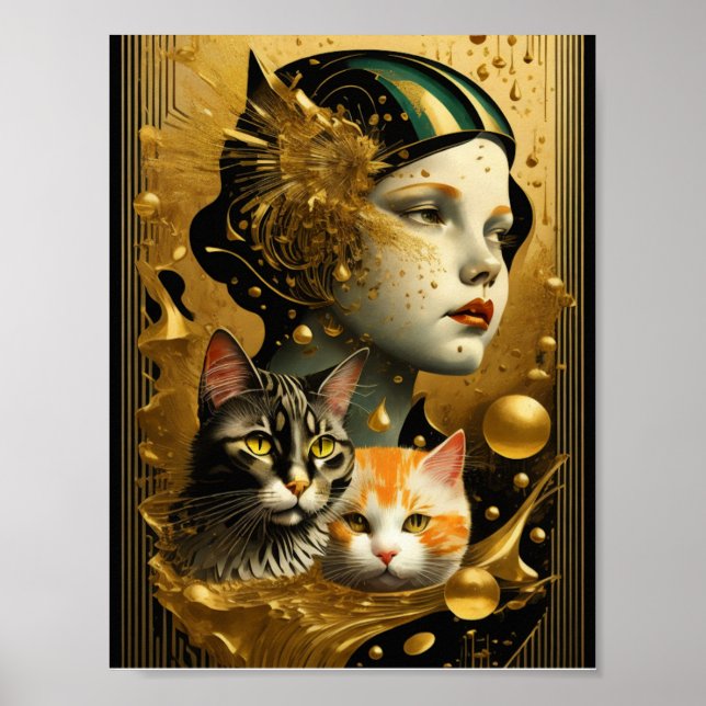 Art Deco Girl and cat Poster (Framsidan)