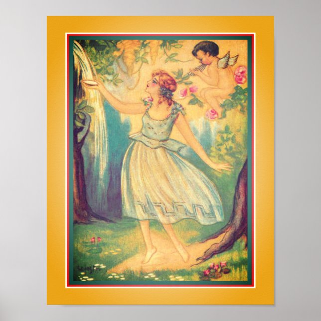 Art Deco "Girl & Cupid at Waterfall" Poster (Framsidan)